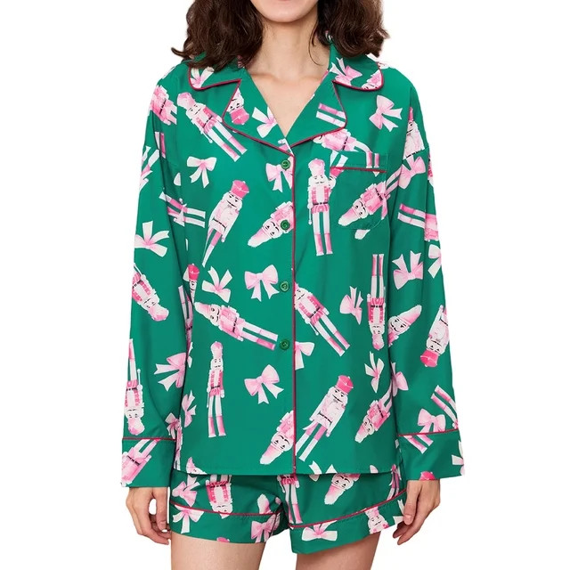 Women Christmas Satin Pajamas Sets Y2k PJs 2 Piece Outfits Long Sleeve Button Down Shirt and Shor... | Walmart (US)