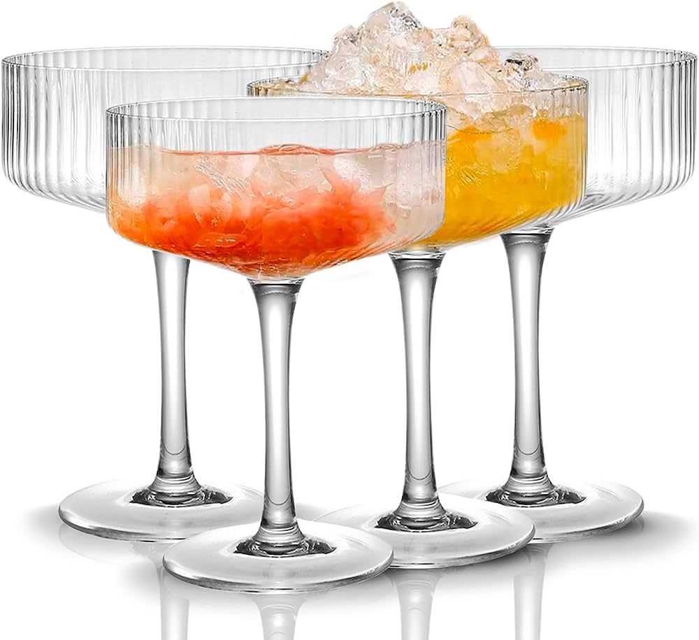 4 Pcs Ribbed Coupe Glasses, 10 oz Vintage Cocktail Coupe Glasses Set, Unique Martini Glass, Class... | Amazon (US)