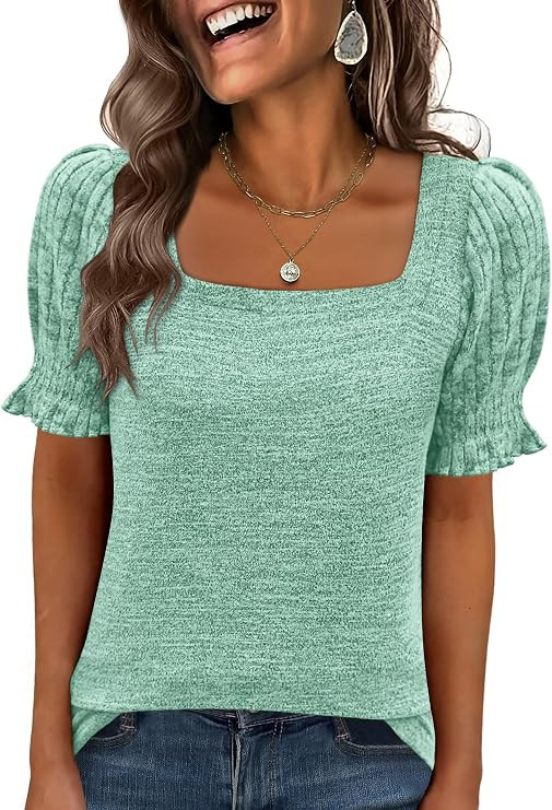 ANRABESS Womens Tops Summer Sweaters Dressy Casual Work Blouses Square Neck Ruffle Short Sleeve T... | Amazon (US)