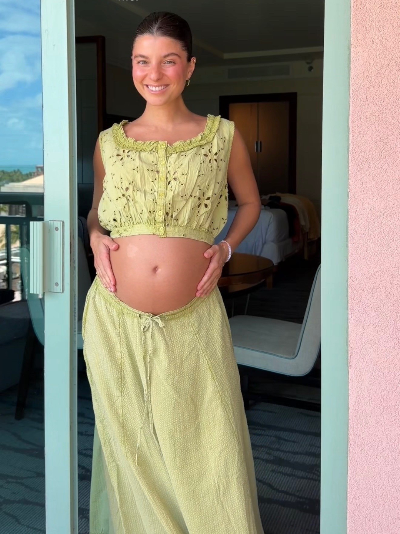 [4/13/26] 100% cotton set, fits so well and available in a white option that is so cute for spring/summer. Easy to pair separately as well! Wearing xs 

sizing details:
• yellow carmen set - small 
• red baby tee (comes as a full Annette skirt set) - small 
• red pull on pant - xs
• cotton linen midi dress - small 
• green printed maxi - small 
• white keep it cool set - xs
• yellow Bristol skirt set - small 
• green maxi skirt set - xs

#LTKBump #LTKSeasonal #LTKPetite