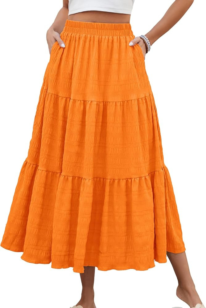 HUSKARY Women's Summer Casual Elegant Smock Layered Tiered Maxi Skirt High Waisted A Line Flowy L... | Amazon (US)