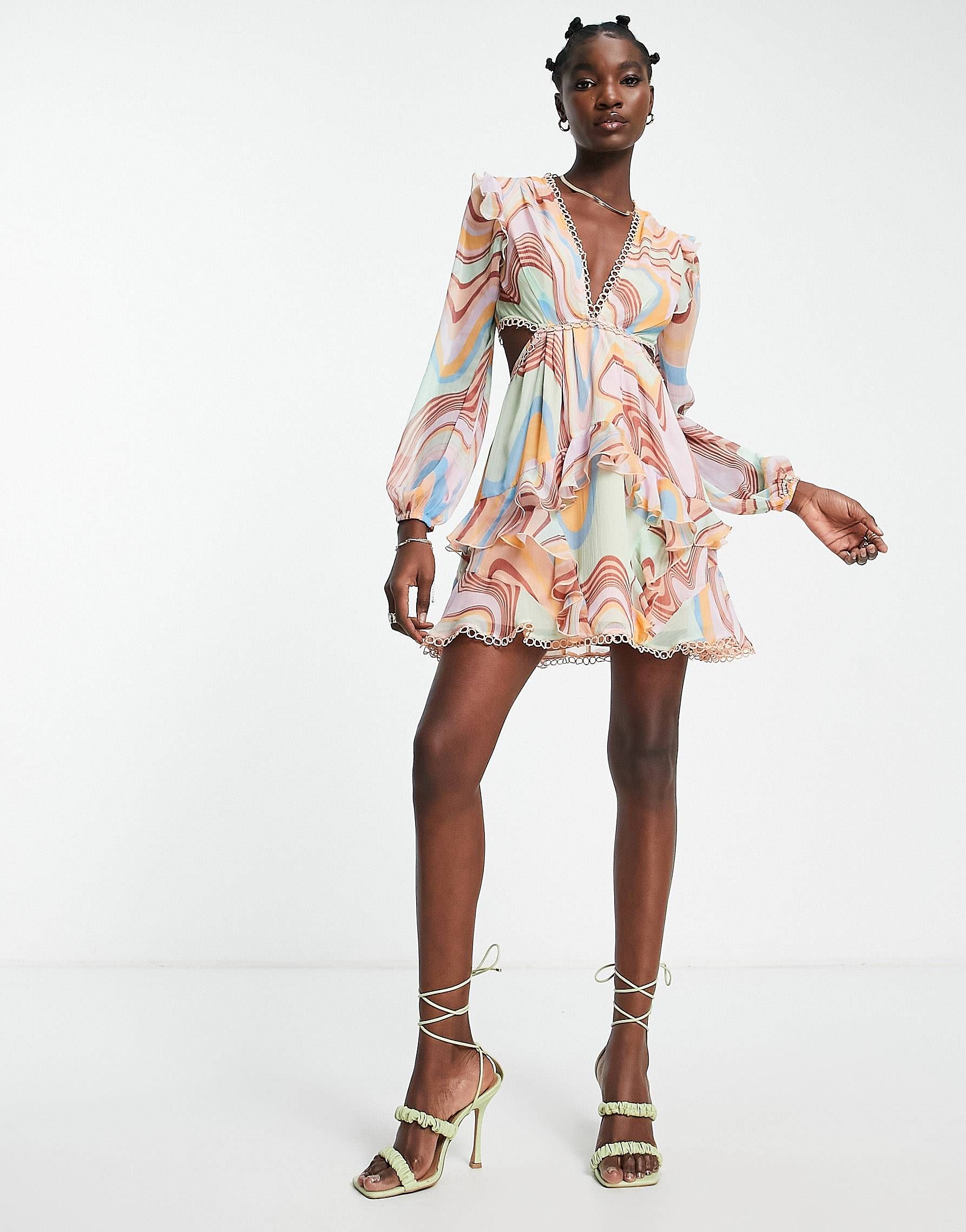 ASOS DESIGN long sleeve mini dress in swirl print with circle trims | ASOS (Global)