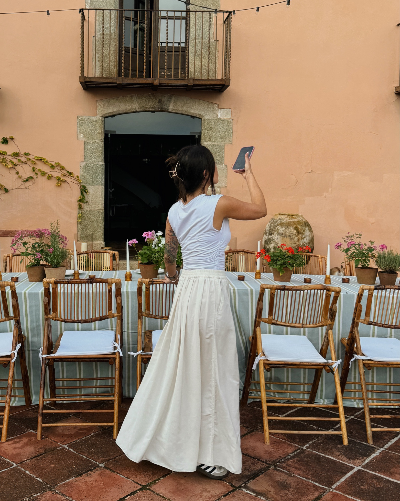 Finishing touches for our rehearsal dinner tablescape, or more like getting the shots just before running up to the room and getting dressed for our reception dinner. This outfit was super comfortable to run around in during wedding preparations 🪴🌸

#LTKWedding #LTKWorkwear #LTKStyleTip