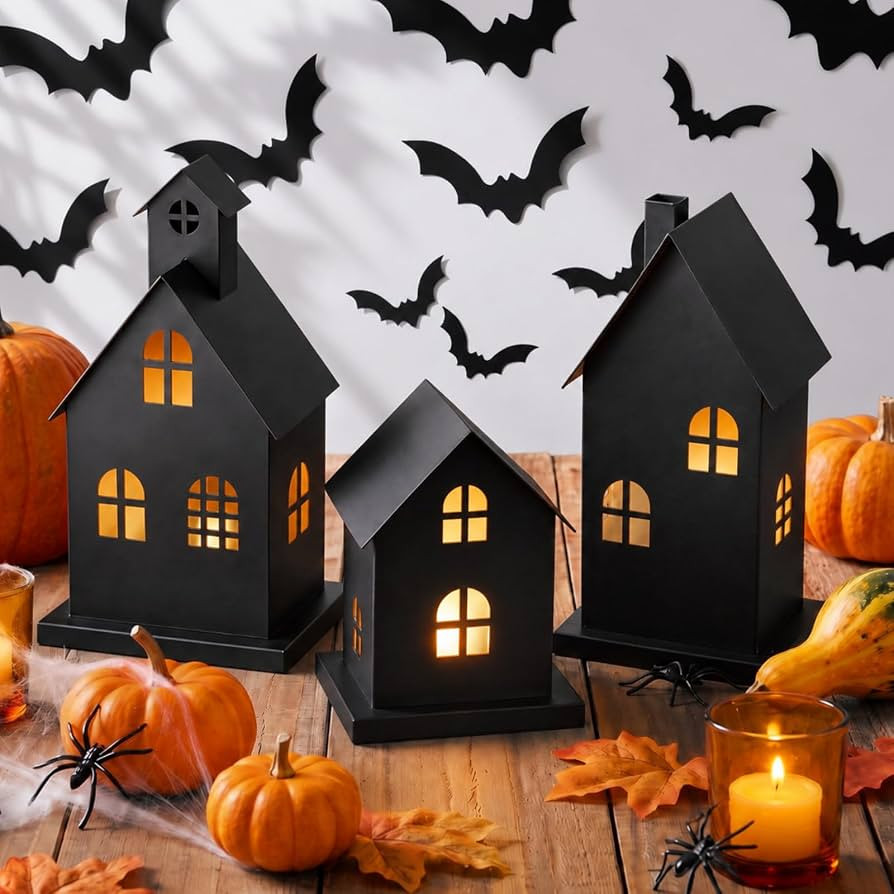 Huquary 3 Pcs Halloween Village Haunted House with LED Candles Table Decor | Amazon (US)