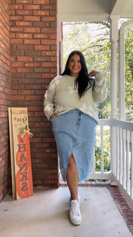 I think I like the denim midi skirt trend! What do you think!? Also this sweater is perfect for fall! Super lightweight 🤍 #fall2023 #plussizefallfashion #affordablefashion #fall2023trends 

#LTKfindsunder50 #LTKplussize #LTKstyletip