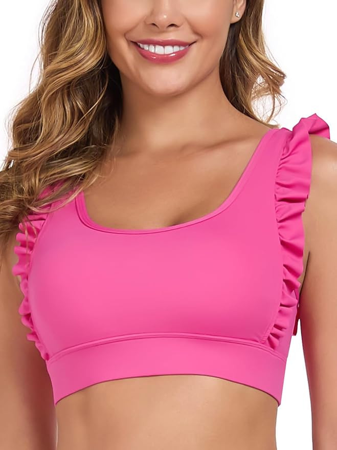 RELLECIGA Women's Ruffle Scoop Neckline Sports Bra Fitness Support Workout Bra Yoga Bra Tops | Amazon (US)