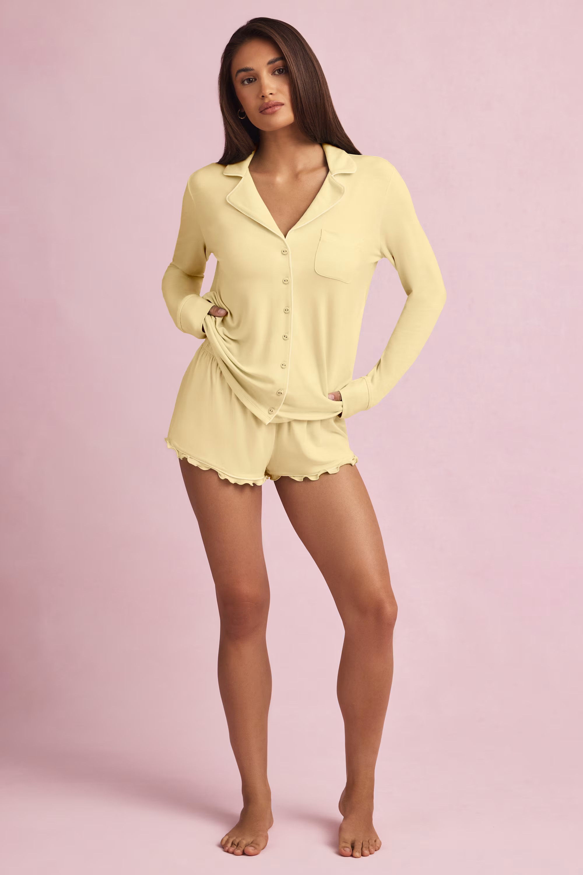 Modal Ruffle-Trim Pyjama Shorts in Pastel Yellow | Oh Polly