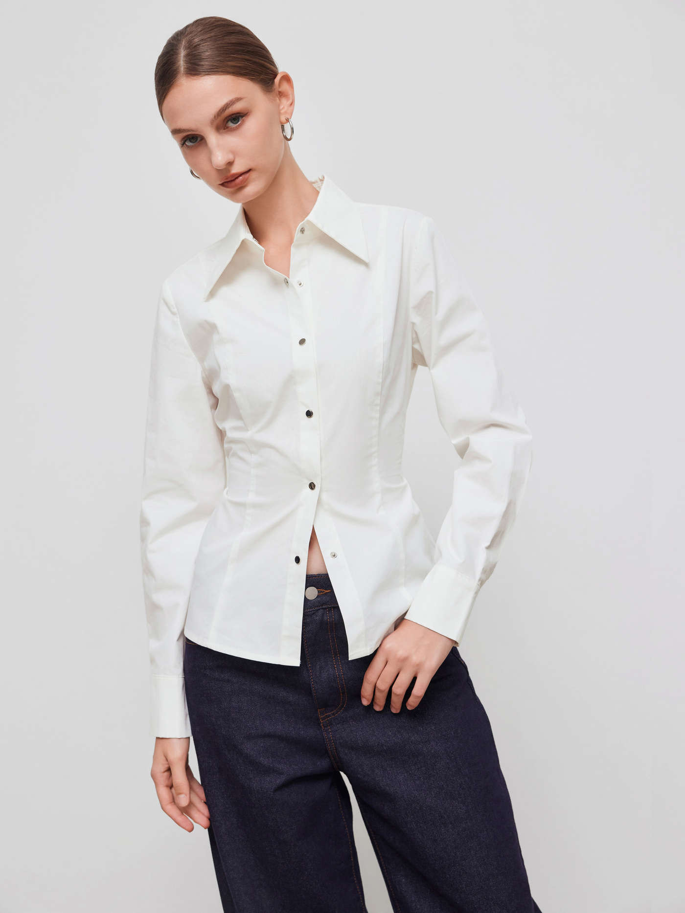 Woven 100% Cotton Collar Solid Tie Back Long Sleeve Shirt For Work | Cider