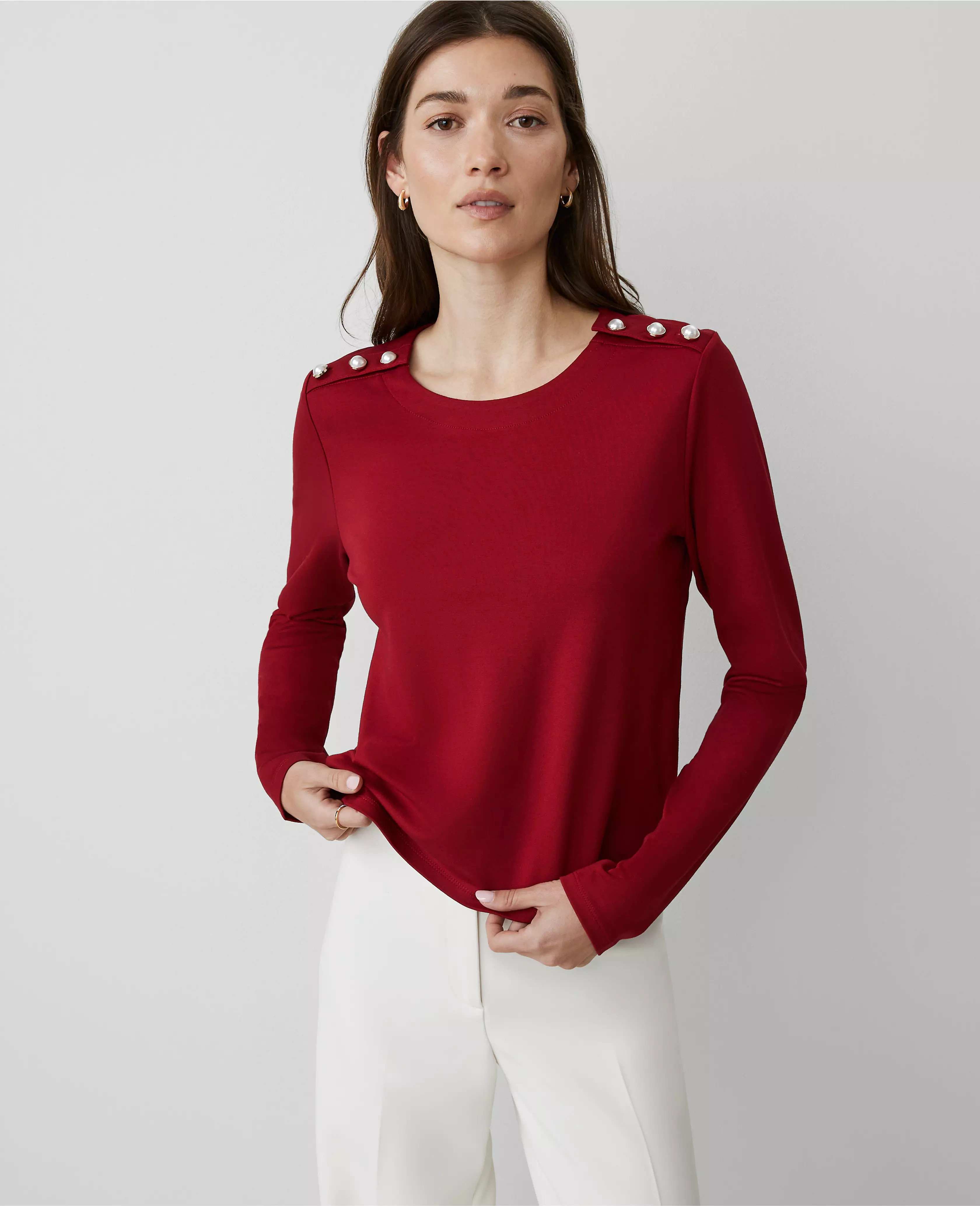 Petite Button-Shoulder Ponte Top | Ann Taylor (US)