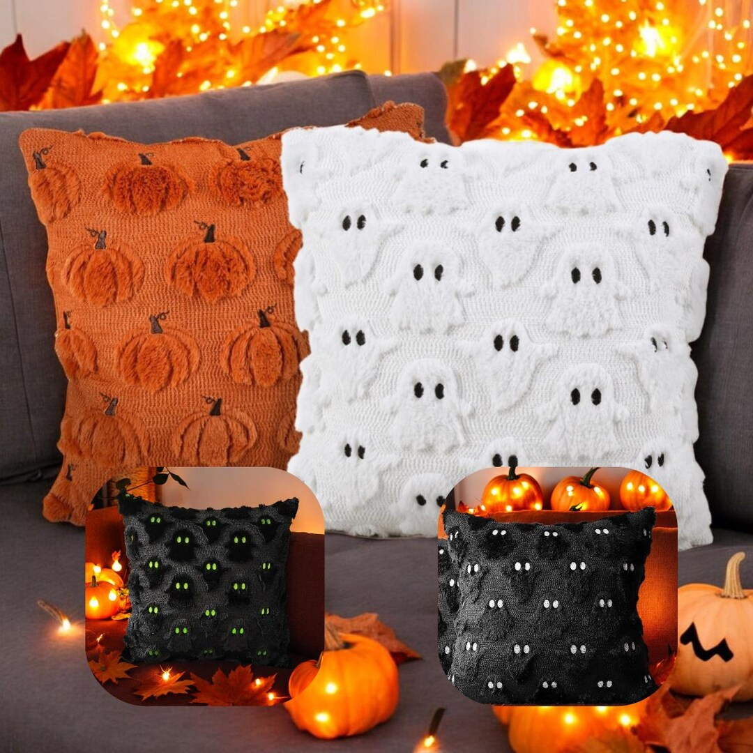 Knitted Halloween Pillow Cover: Pumpkin, Ghost & Spooky Eyes - Etsy | Etsy (US)