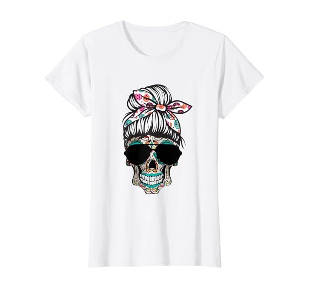 Messy Bun Hair Sugar Skull Day of the Dead Dia De Muertos T-Shirt | Amazon (US)
