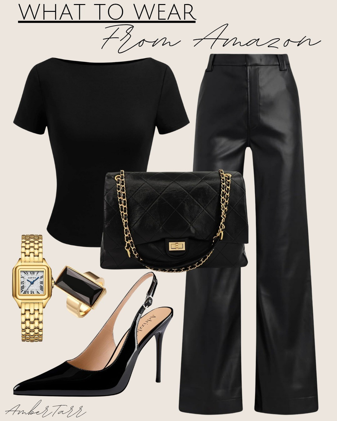 A timeless all-black look featuring a sleek black top, high-waisted faux leather pants, quilted chain shoulder bag, and pointed-toe slingback heels. Finished with gold accessories for a chic, designer-inspired outfit that looks expensive but is totally affordable. Perfect for date night, dinner, or an elevated everyday look.

#LTKootd #LTKOver40 #LTKmomlife