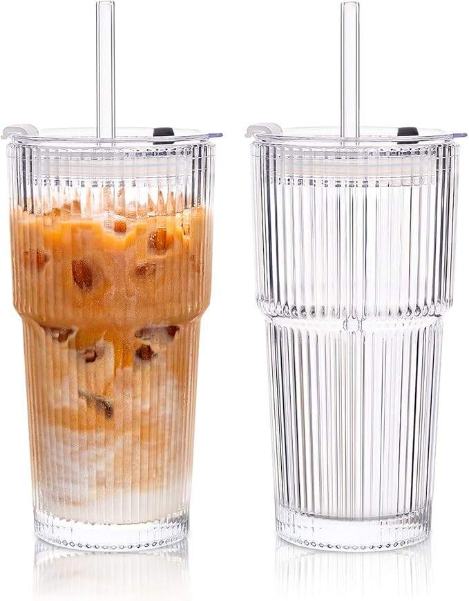 KEMORELA 2-Pack 20 oz Ribbed Glass Tumblers with Lids and Glass Straws – Vintage Iced Coffee Cu... | Amazon (US)