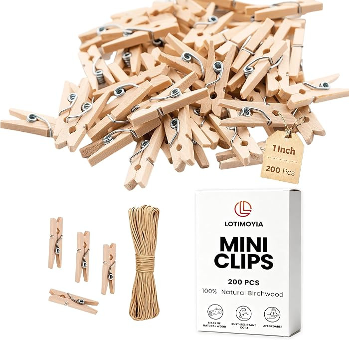 Mini Clothespins 200 Pcs, 1" Wooden Clothespins with 11FT Jute Twine | Amazon (US)
