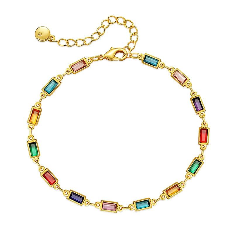 Colorful Crystal Bracelets for Women 18 Gold Plated Dainty Gold Square Crystal Charm Bracelet Cut... | Amazon (US)