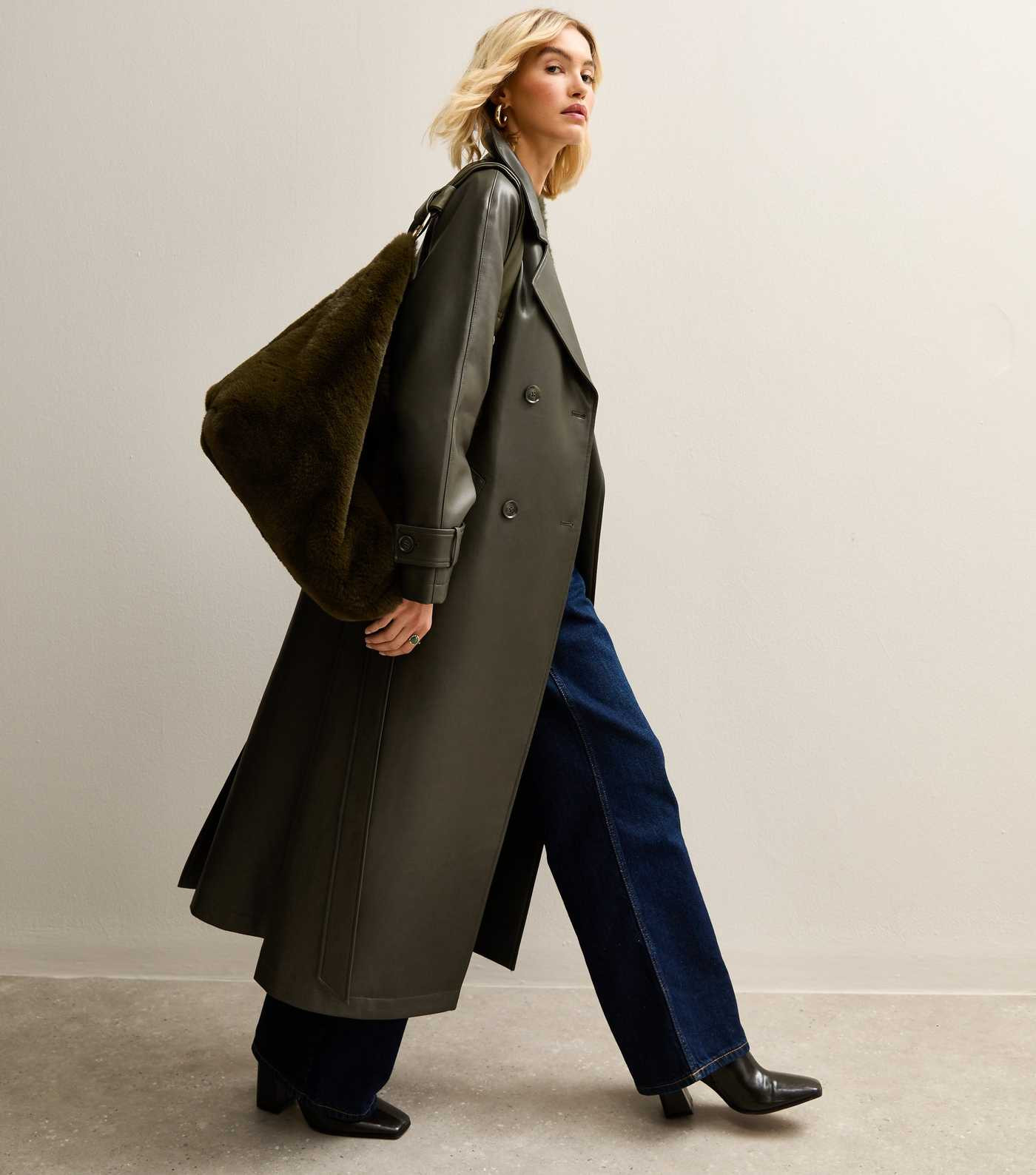 Dark Khaki Faux Leather Trench Coat | New Look | New Look (UK)