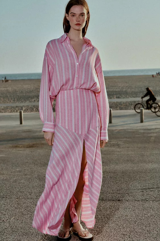 STRIPED LINEN MIDI SKIRT | Zara US