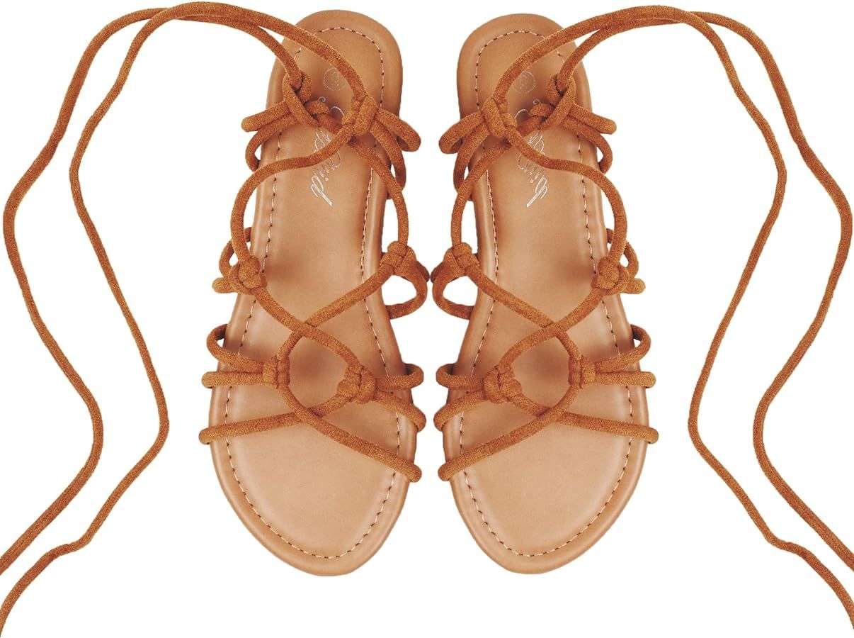 Women's Open Toe Lace Up Gladiator Flat Sandals，Slip on Roman Sandals | Amazon (US)