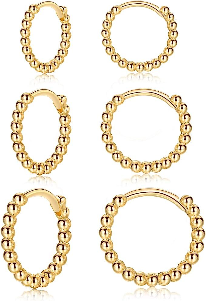 CERSLIMO Silver Hoop Earrings for Women| 3 Pairs Small Sterling Silver Post Beaded Huggie Earring... | Amazon (US)