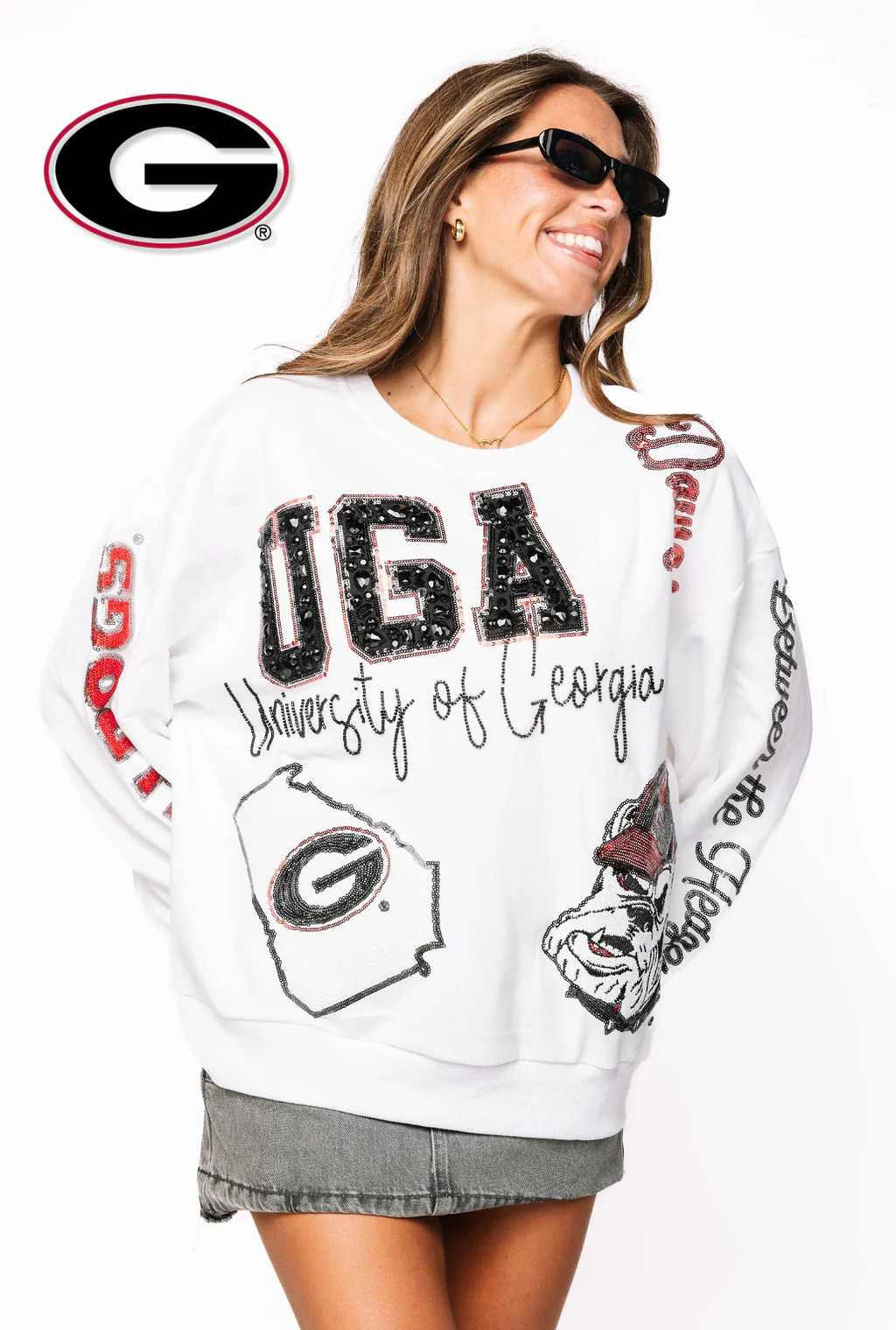 Licensed UGA Big Icons Scattered All Over Sweatshirt | Queen of Sparkles