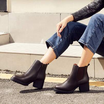 Women Fashion Boots Chelsea Ankle Boots Low Chunky Heel Platform Elastic Slip-On Booties | SHEIN