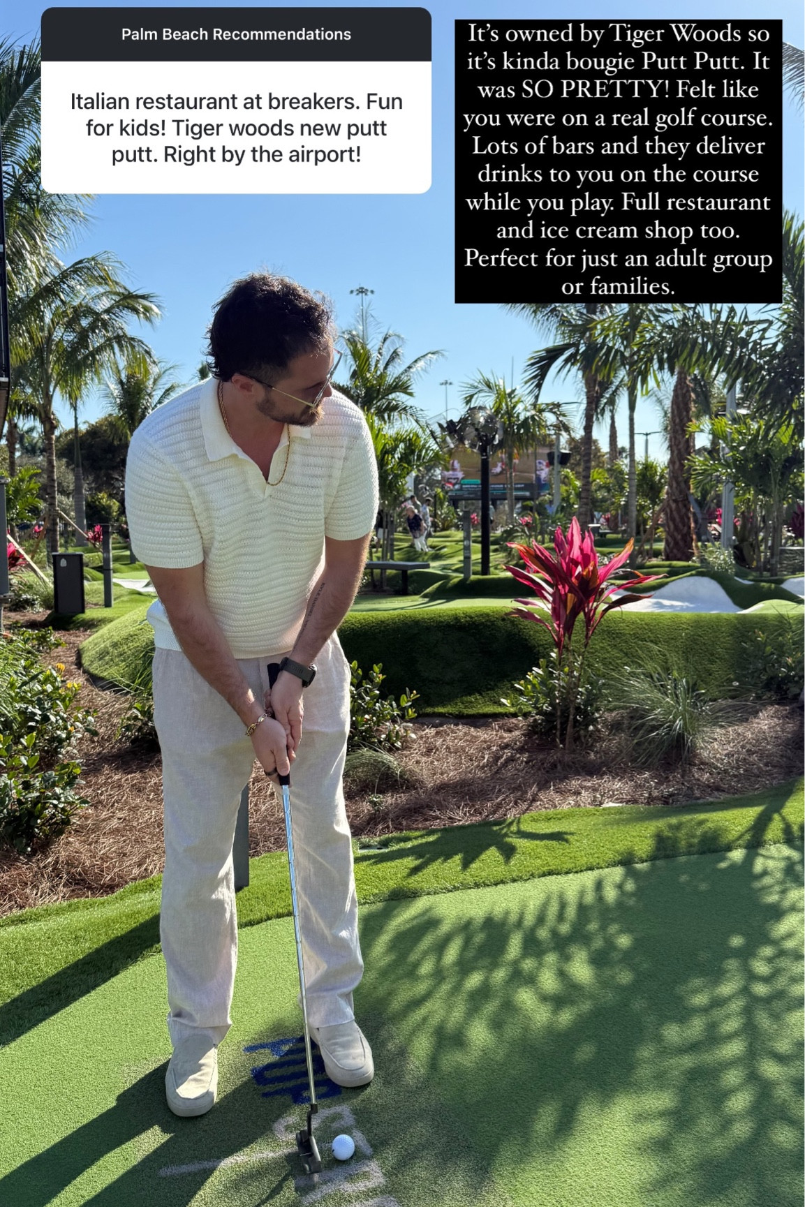 It’s owned by Tiger Woods so it’s kinda bougie Putt Putt. It was SO PRETTY! Felt like you were on a real golf course. Lots of bars and they deliver drinks to you on the course while you play. Full restaurant and ice cream shop too. Perfect for just an adult group or families.