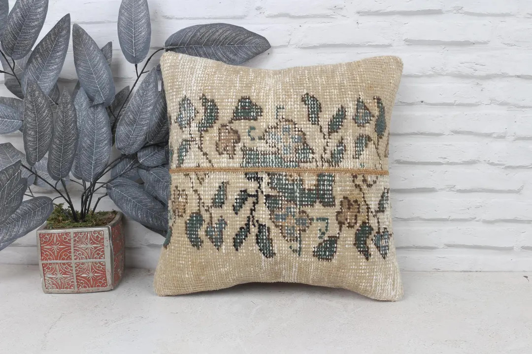Boho Pillow, Vintage Pillow, 16x16 Turkish Pillow, Turkish Kilim Pillow, Beige Cushion Case, Patc... | Etsy (US)