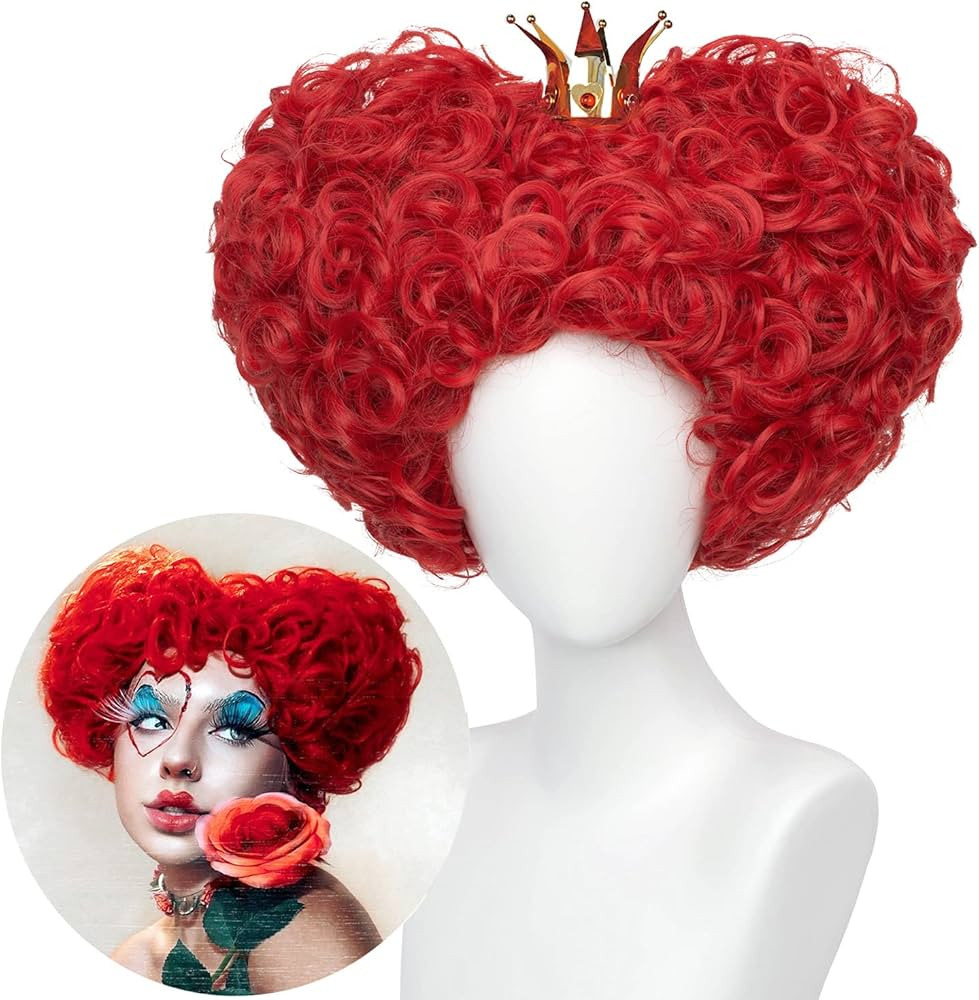 Red Heart Queen Wig Costume Women and Crown Cosplay Girls Pre-styled Fluffy Short Curly Halloween... | Amazon (US)