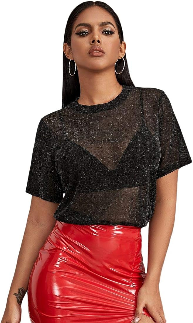 MakeMeChic Women's Summer Short Sleeve Tops See Through Mesh Sheer Sexy T Shirt Blouse | Amazon (US)