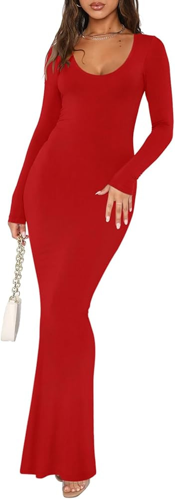 REORIA Women's Sexy Scoop Neck Long Sleeve Lounge Long Dress Ribbed Bodycon Maxi Dresses | Amazon (US)