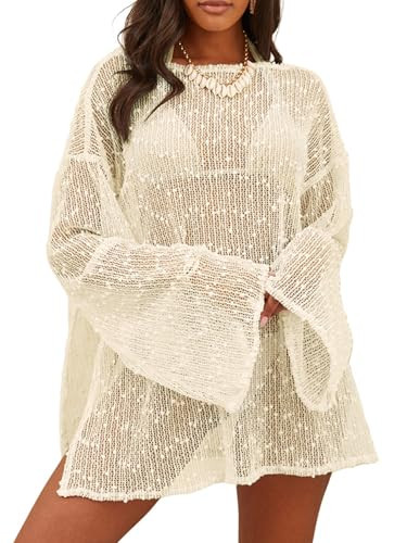 Lilosy Sexy Crochet Sheer Kaftan Caftan Beach Dress Bathing Suit Swim Coverup One Piece Women Knit See Through Swimsuit Bikini Swimwear Cover up Beige X-Large | Amazon (US)