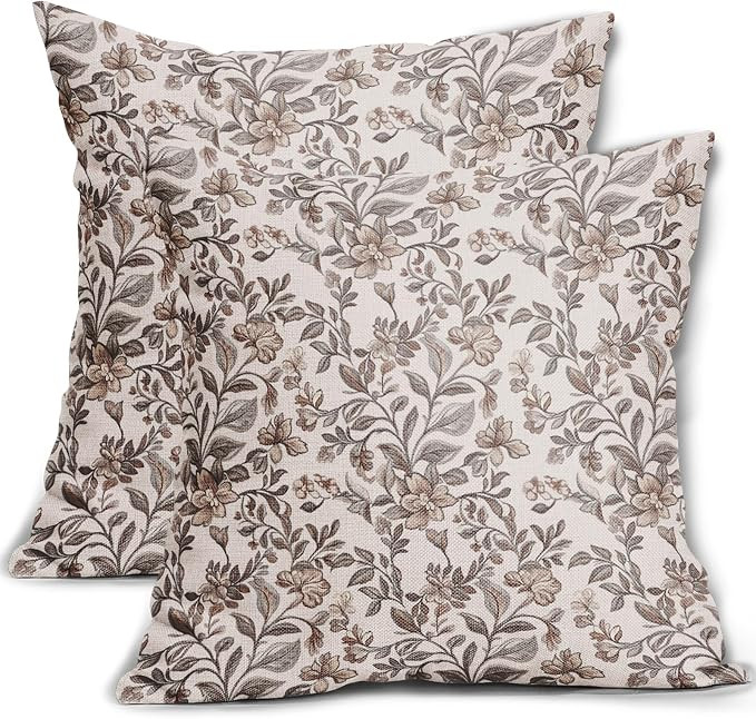 Vintage Floral Pillow Covers 20x20 Inch Set of 2, Antique Flower Block Print Brown Grey Gray Patt... | Amazon (US)