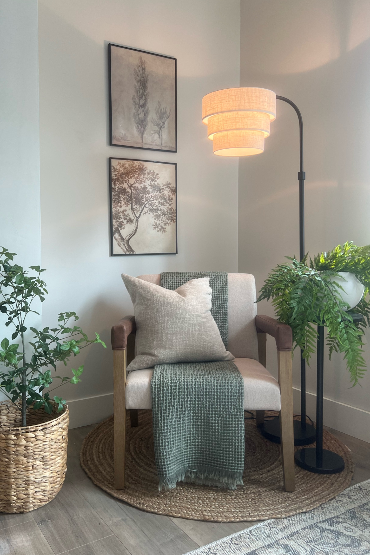 Cozy corner details.. jute rug, accent chair, table and floor lamp all contributing to a cute and cozy reading corner in the primary bedroom. 
Modern organic home, bedroom corner 

#LTKhome