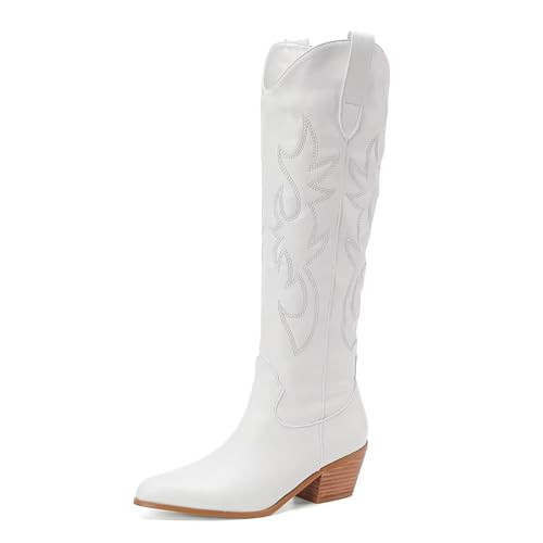 CIERWS Women's Embroidered Western White Cowboy Boots Knee High Medium Heel White Cowgirl Boots For Women | Amazon (US)