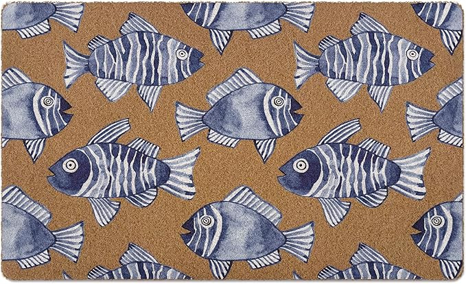 Navy Blue Fish Sardine Door Mat, Coastal Nautical Beach Welcome Artificial Coir Front Door Mat In... | Amazon (US)