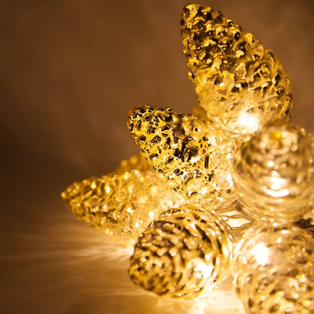 6’ Mercury Glass Gold Star Lights/Gold Glass Pinecone String Lights – LED Lights String, Batt... | Amazon (US)