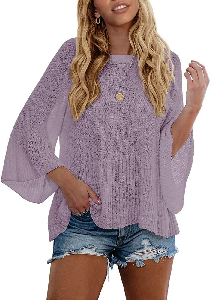 Tutorutor Women's Bell Sleeve Ruffle Pullover Sweater Tops Lightweight Loose Fit Knitted Fall Flo... | Amazon (US)