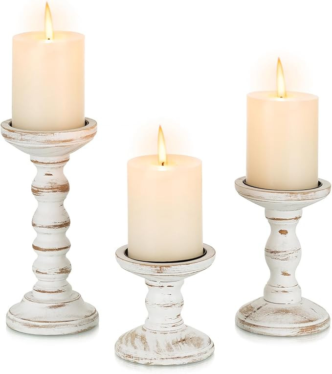 Wood Candle Holders for Pillar: Rustic Candles Holder Set of 3 Tall Table Centerpiece Decor Woode... | Amazon (US)