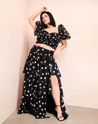 ASOS LUXE Curve organza puff sleeve polka dot top with bow back and maxi set | ASOS (Global)