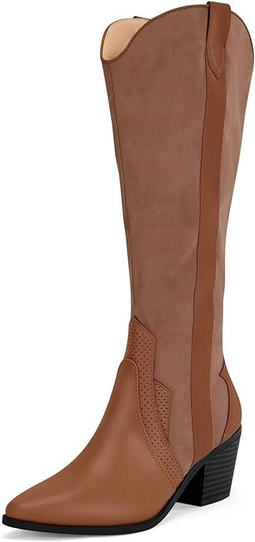 Coutgo Women's Cowboy Knee High Boots Wide Calf Pointed Toe Chunky Heel Western Cowgirl Boots | Amazon (US)