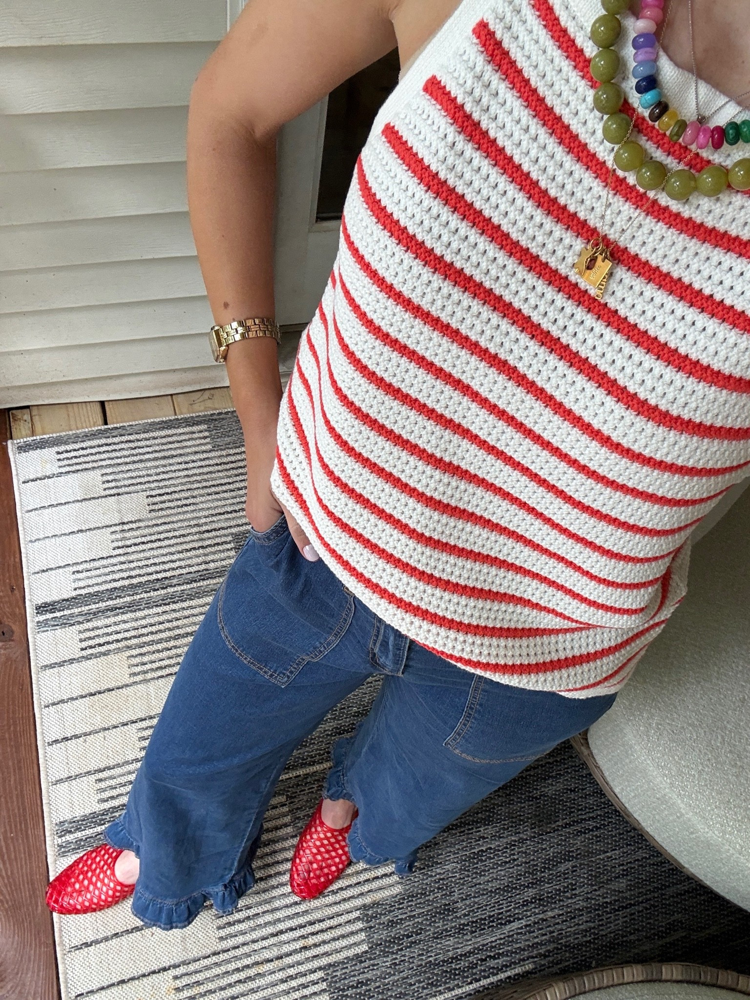 Top : wearing m (part of a two piece set) 
Jeans : wearing 4
Jellies : run big 
Beaded necklaces

#LTKootd #LTKmomlife #LTKgrwm