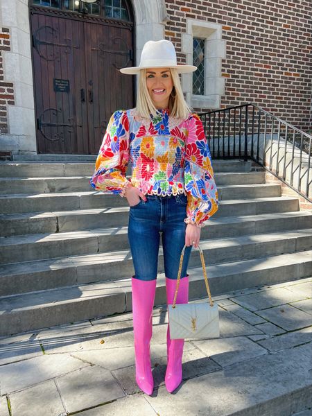 Floral top (XS) / rainbow floral print top / pink boots / spring fashion / spring outfit / transitional spring outfit 

#LTKstyletip #LTKSeasonal
