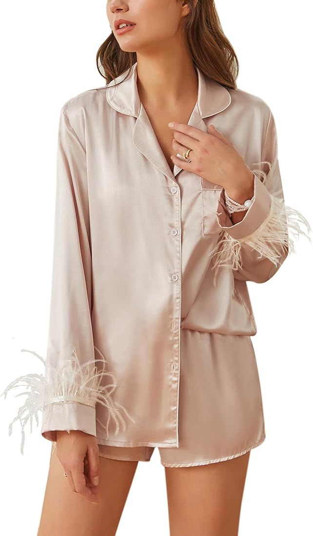 Ekouaer Women's Feather Trim Silk Satin Pajama Set Long Sleeve Lounge Sets Button Down Sleepwear S-3 | Amazon (US)