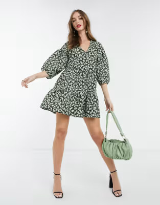 ASOS DESIGN textured mini v-neck volume sleeve dress in green floral | ASOS (Global)