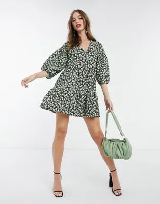 ASOS DESIGN textured mini v-neck volume sleeve dress in green floral | ASOS (Global)