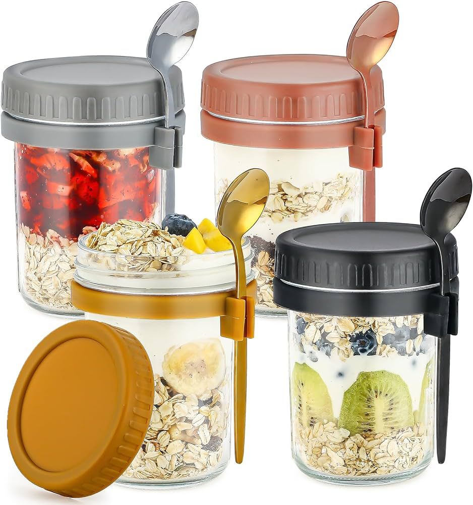 4 Pack Overnight Oats Containers with Lids and Spoons 16 Oz Glass Mason Jars for Overnight Oats J... | Amazon (US)
