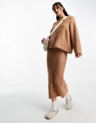 ASOS DESIGN oversized sweater & midi skirt set in textured yarn in camel | ASOS (Global)