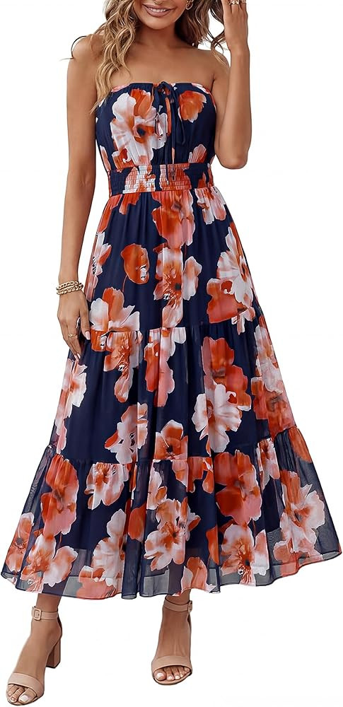 Simplee Women's Summer Maxi Dresses 2026 Elegant Strapless Boho Floral Mesh Vacation Beach Dress ... | Amazon (US)