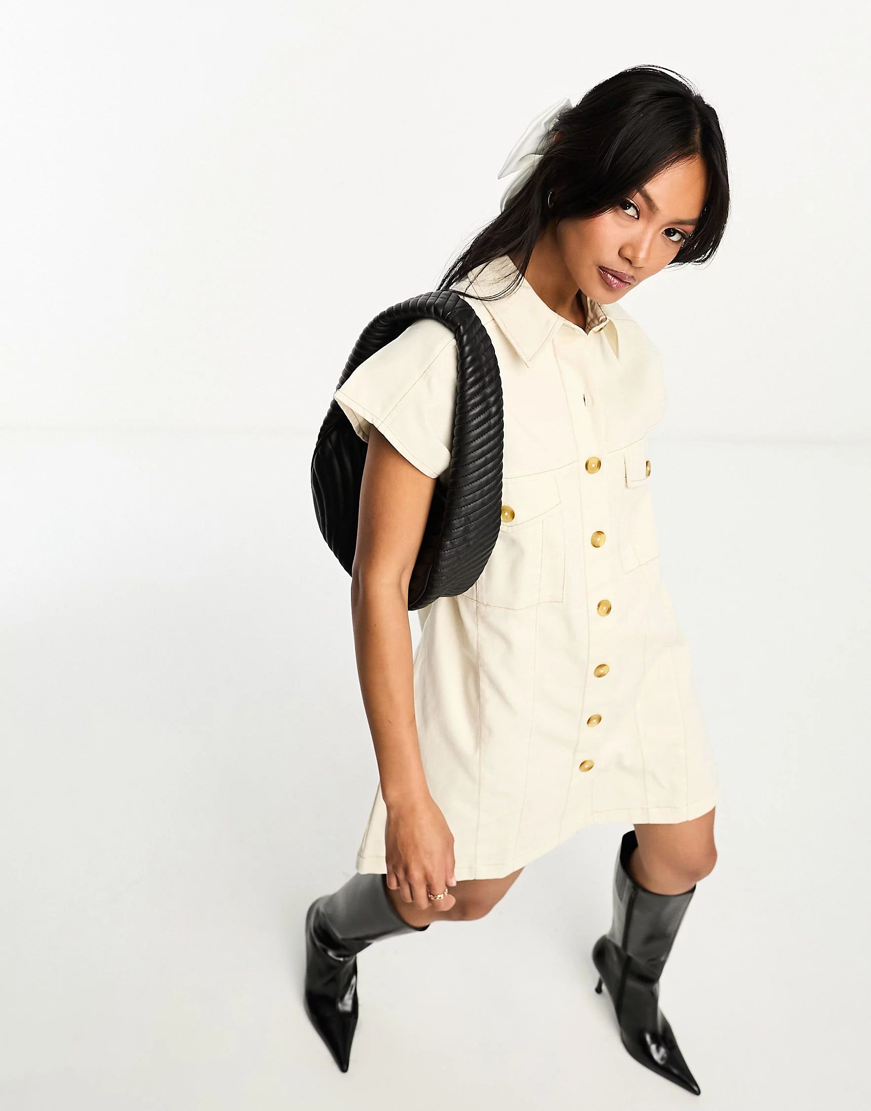 ASOS DESIGN twill boxy sleeveless mini shirt dress with contrast stitch in cream | ASOS (Global)