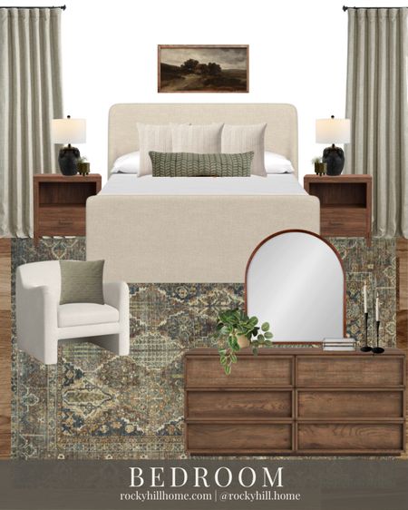 Primary bedroom design, bedroom furniture and decor featuring a pottery barn sleigh bed, Joanna Gaines magnolia x loloi rug, black bedside lamp, bed pillows, arched mirror and candlesticks 

#LTKstyletip #LTKunder100 #LTKhome